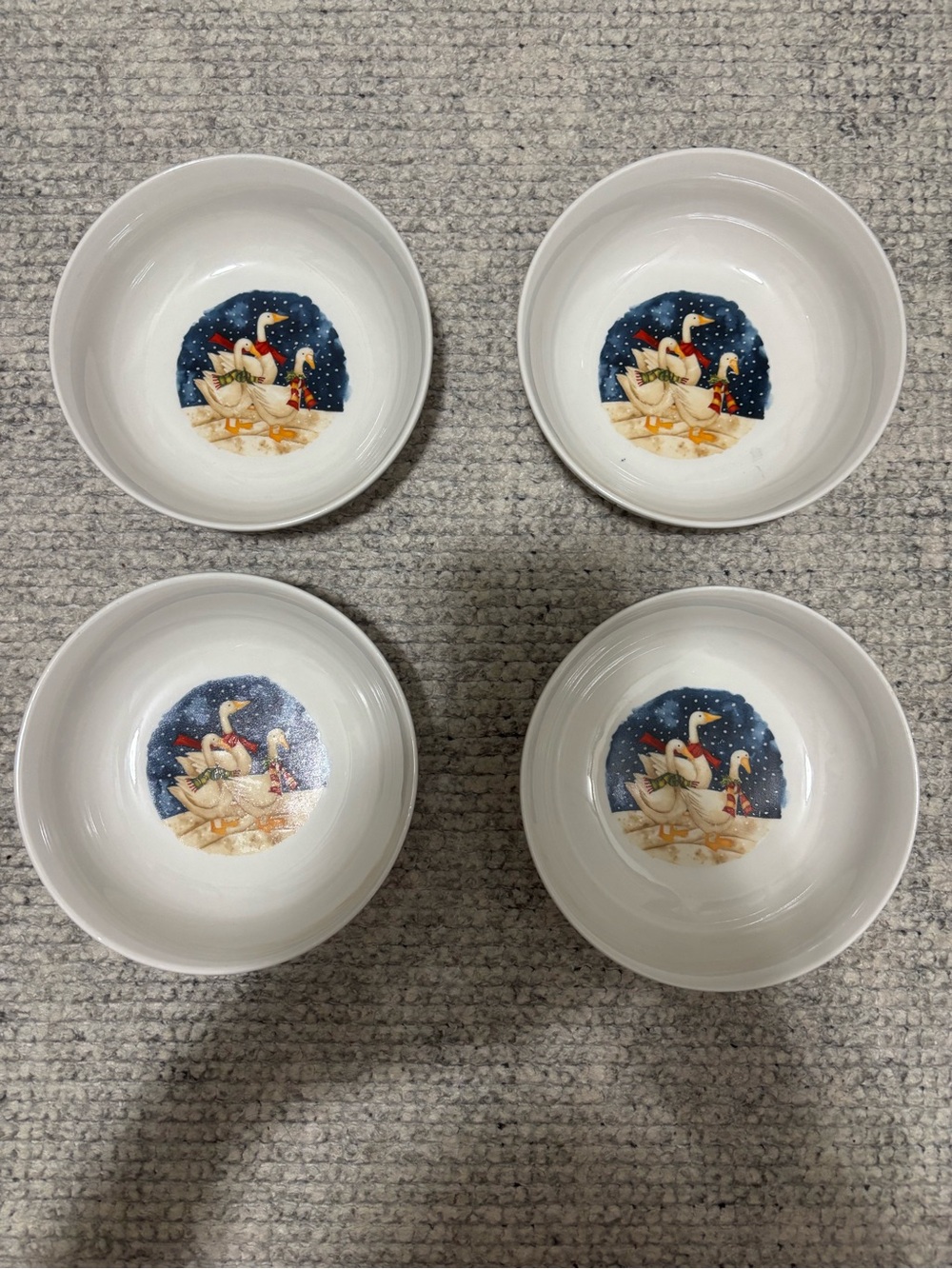 Gibson White Ceramic Bowls with Festive Swan & Navy Snow Scene - Set of 4